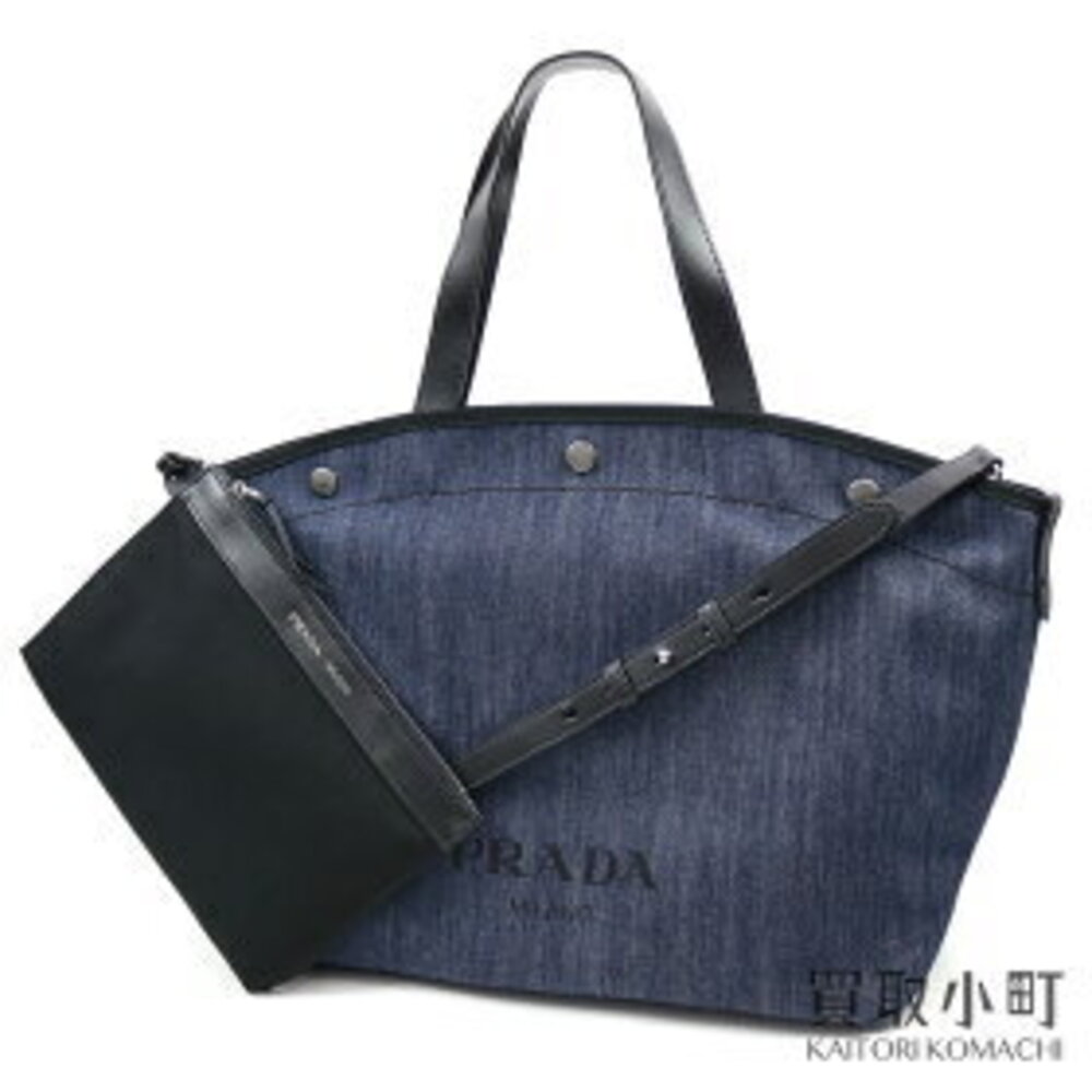 PRADA Denim Leather Tote Bag Blue Screen Lettering Logo Shoulder Handbag